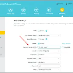 Ustawienia sieci Wi-Fi: nazwa sieci (SSID) to "TP-Link_42A4". Zobacz, co to jest SSID i jak je zmienić.