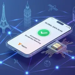 Jak sprawdzić, czy telefon obsługuje eSIM? Na ekranie telefonu widać "GLOBAL DATA PLAN" i "Activated for Borderless Roaming". Obok znajduje się chip z napisem eSIM.