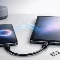 Telefon połączony kablem z tabletem, pokazujący jak udostępnić internet z telefonu. Obok leży tacka na kartę SIM.