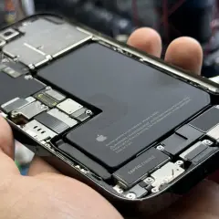 Wnętrze iPhone'a z widoczną baterią i elementami płyty głównej. Czas sprawdz port ładowania USB.