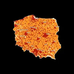 Mapa Polski z zaznaczonymi punktami, wskazującymi zasięg lte bands Poland.