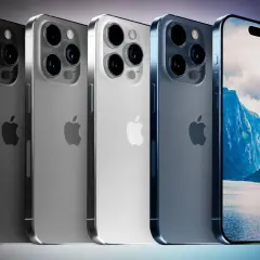 Rząd iPhone 15 kolory: grafitowy, srebrny, biały i niebieski. Jeden z nich wyświetla malowniczy krajobraz górski.