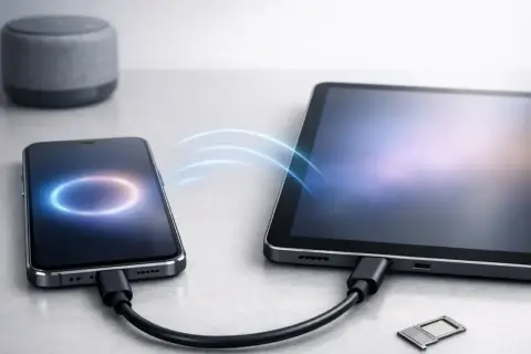 Telefon połączony kablem z tabletem, pokazujący jak udostępnić internet z telefonu. Obok leży tacka na kartę SIM.