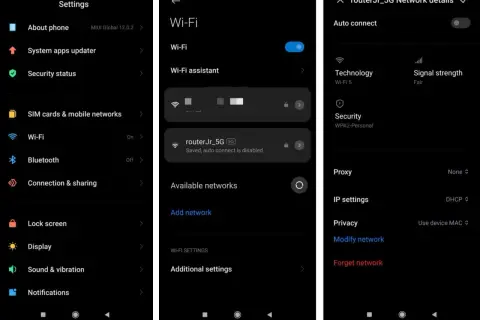 Na ekranie telefonu Xiaomi widać, że sieć wifi "routerJr_5G" jest zapisana, ale automatyczne połączenie jest wyłączone.