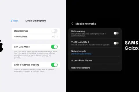 Ustawienia iPhone'a i Samsunga pokazują, jak włączyć roaming danych. Na ekranie iPhone'a widać opcję "Data Roaming", a na Samsungu "Data roaming".