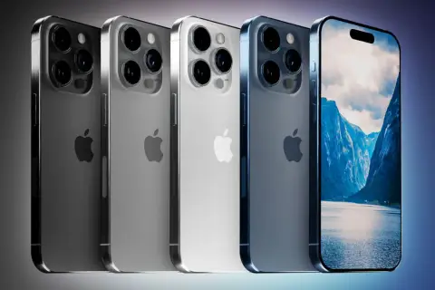 Rząd iPhone 15 kolory: grafitowy, srebrny, biały i niebieski. Jeden z nich wyświetla malowniczy krajobraz górski.