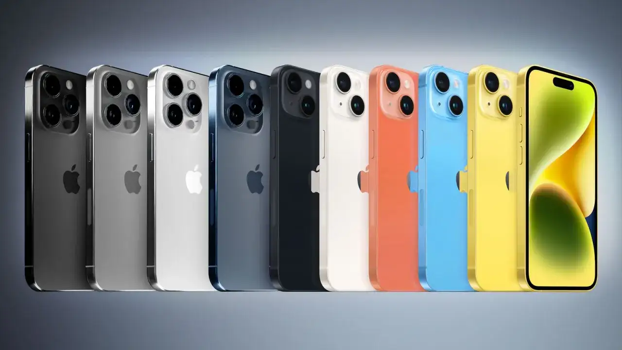 Rząd kolorowych iPhone'ów 15: od grafitowego, przez srebrny, biały, niebieski, czarny, po pomarańczowy, błękitny i żółty.