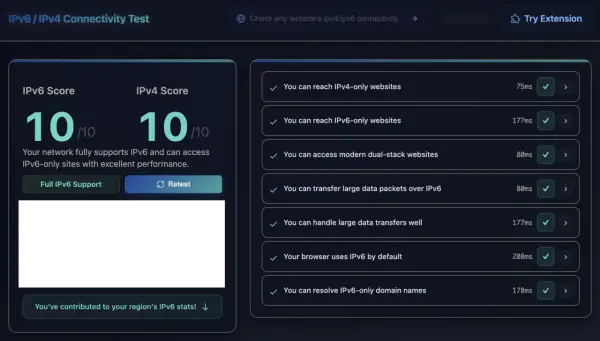 Test połączenia IPv6/IPv4: sieć w pełni obsługuje IPv6, co to jest? Wynik 10/10. Dostęp do stron IPv6-only z doskonałą wydajnością.
