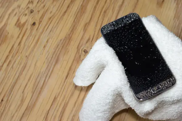 Telefon Samsung z kroplami wody na ekranie, owinięty w biały ręcznik. Jak wyłączyć czujnik wilgoci Samsung, gdy telefon jest mokry?