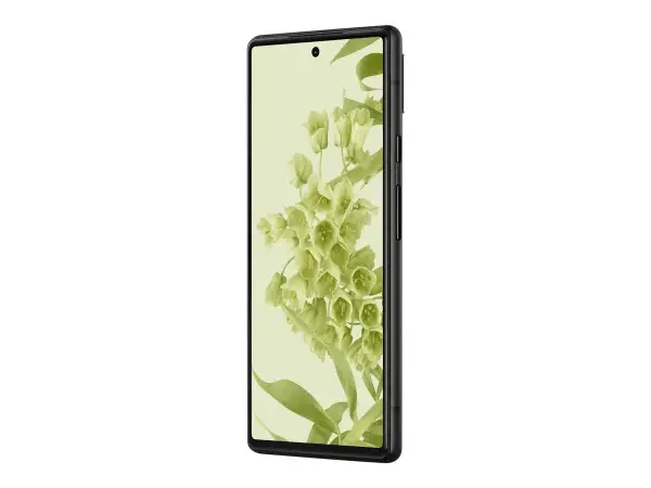 Smartfon Pixel 6 w czarnej obudowie, z tapetą w kwiaty. Poznaj jego wymiary.