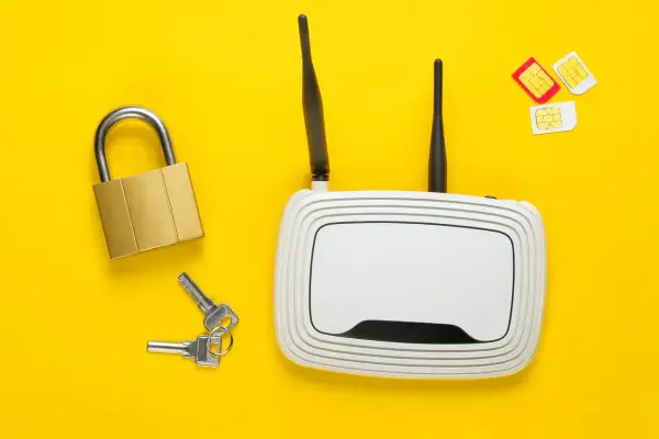 Router, kłódka, klucze i karty SIM symbolizują dostęp do sieci, w tym pasma LTE, oraz bezpieczeństwo połączenia.